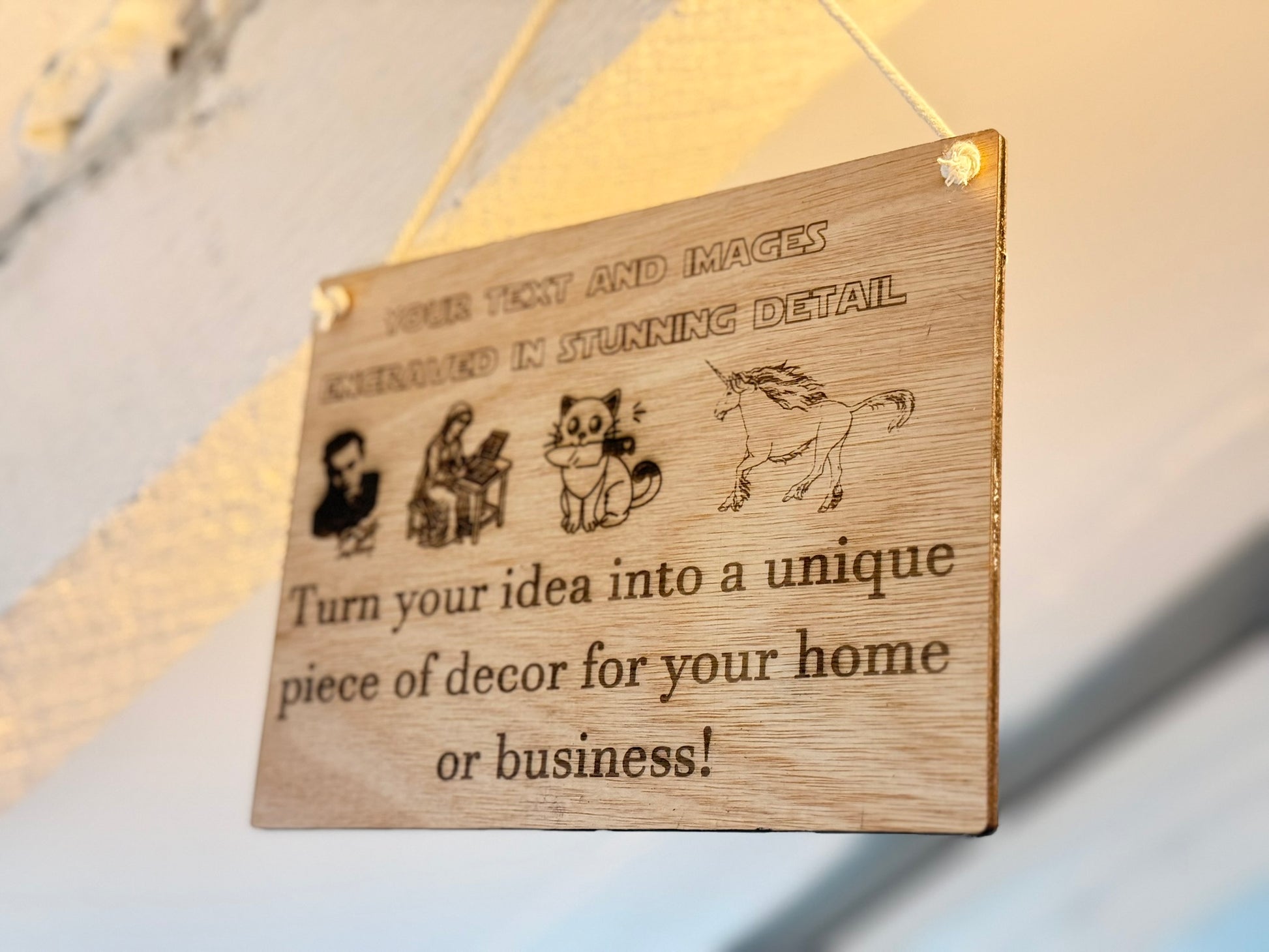 Engraved wooden oak veneer sign with custom text, logo or QR code, displayed on a white natural rope loop against a clean neutral background