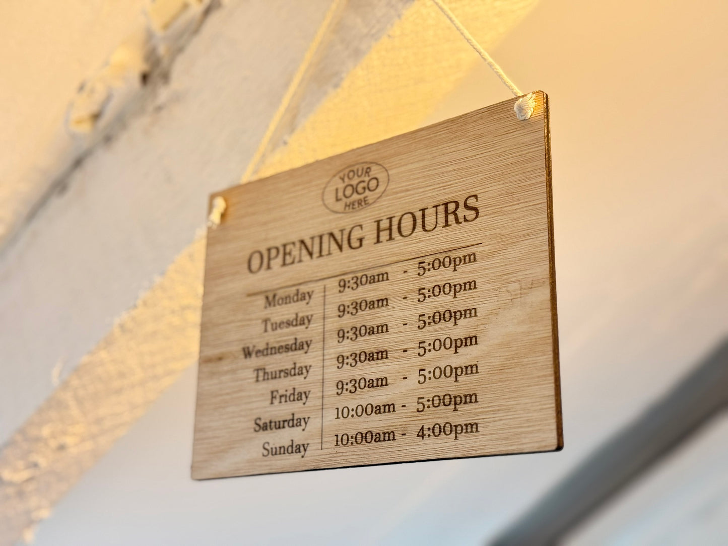 Wooden sign with opening hours text on a blurred background