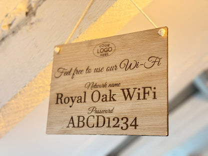 Wooden sign with 'Royal Oak WiFi' network name and password on a wall.